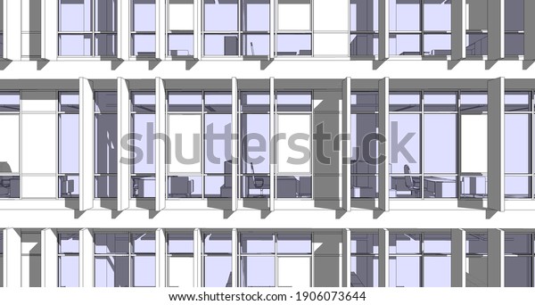 垂直の日差しを持つ、現代のオフィスビルの部分的なファサードの3D 
