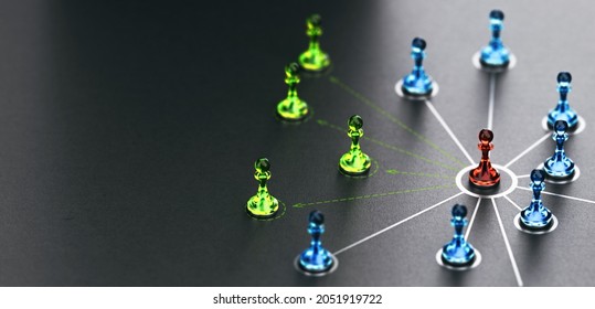 3D illustration of pawns linked together over black background. New links are represented by doted lines. Concept of new strategic alliances.