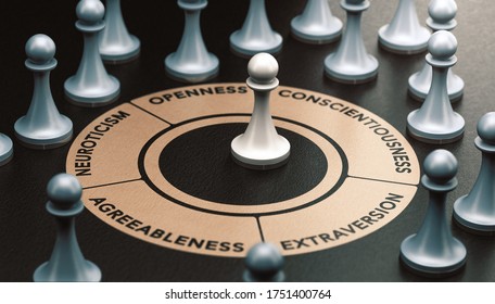 3d illustration of pawns over black background and a circle shape with 5 words around it representing the big five personality traits and the ocean model.  Psychology concept.