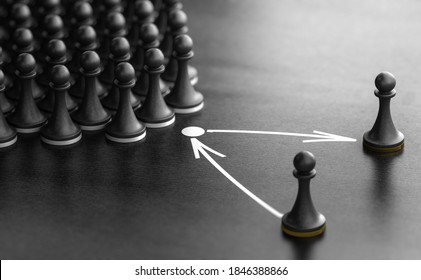 3d Illustration Of Pawns Over Black Background With One Piece Replaced By Another One. Concept Of Succession Planning And Leader Or Senior Manager Replacement.