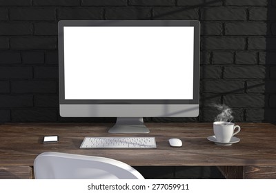 3D illustration PC screen on table near brick wall Workspace - Shutterstock ID 277059911
