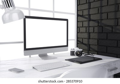 3D illustration PC screen on table in office, Workspace