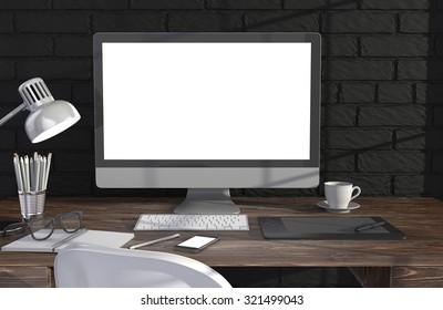 3D illustration PC screen on table in office, Workspace