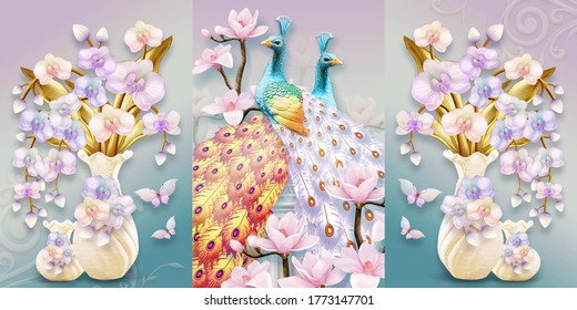 3d Illustration Peacock And Orchid. Luxurious Wallpaper For Decoration