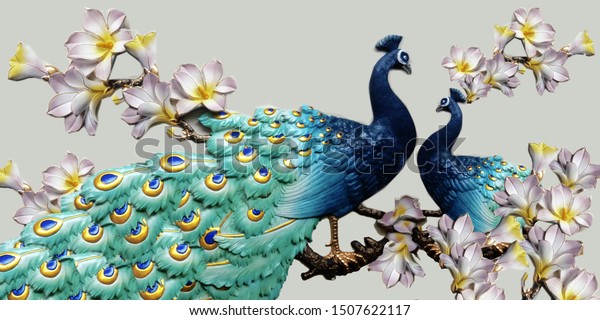 Illustration of peacock sitting on the branch, flowers- ILLUSTRATION