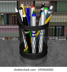 3d Illustration . Pen Holder And Pens Isolated On Desk 