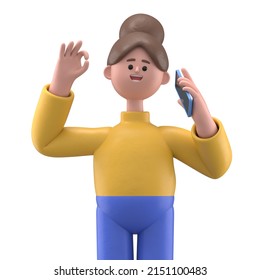 3D Illustration Of  A People Talking Phone, Calling By Telephone. Communication, Conversation, Ok,support Concept. Cartoon Minimal Style.3D Rendering On White Background.