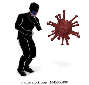 3D Illustration. A Person Wearing An America Flag Mask. Get Sick. Symptoms Worsen.