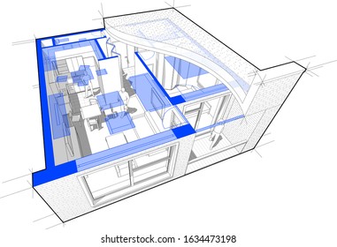 3d illustration of Perspective cutaway diagram of a one bedroom apartment completely furnished with flat roof cutaway over it and with schematic floorplan above