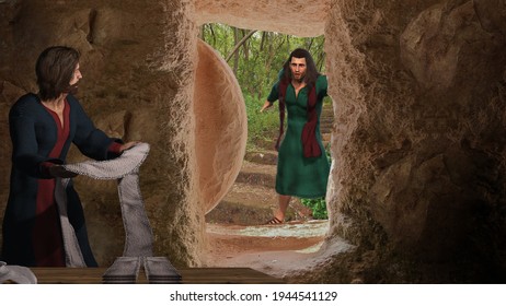 3D Illustration of Peter and John at Jesus's empty tomb Easter Sunday