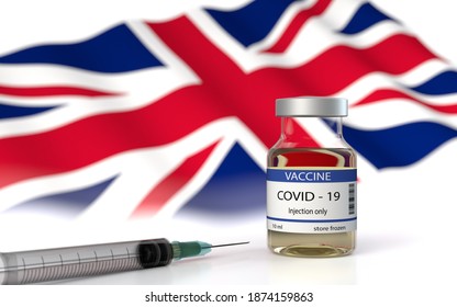 3D Illustration Of Pfizer BionTech Moderna COVID 19 Vaccine  Approved In Britain England United Kingdom. Corona Virus SARS CoV 2, 2020 2021 NCoV Vaccin Delivery On UK Flag Background. Omicron