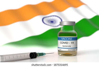 3D Illustration Of Pfizer BionTech Moderna COVID 19 Vaccine Approved And Launched In India. Corona Virus SARS CoV 2, 2020 2021 NCoV Vaccine Delivery. Indian Flag On Background And Omicron