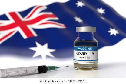 3D Illustration Of Pfizer BionTech Moderna COVID 19 Vaccine Approved And Launched In Australia. Corona Virus SARS CoV 2, 2020 2021 NCoV Vaccin Delivery. Australian Flag On Background. Omicron