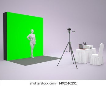 3d Illustration Photo Booth Instant Tripod Camera Green Screen And Operator Table With Laptop And Printer For Event Exhibition. High Resolution Image Isolated.