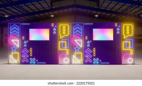 3d Illustration Photo Booth Neon Flex Lighted Colorful With Blank LED TV Screen Logo Company For Event Exhibition Information Display.