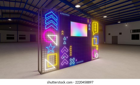 3d Illustration Photo Booth Neon Flex Lighted Colorful With Blank LED TV Screen Logo Company For Event Exhibition Information Display.