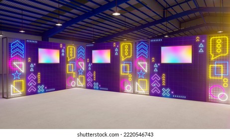 3d Illustration Photo Booth Neon Flex Lighted Colorful With Blank LED TV Screen Logo Company For Event Exhibition Information Display.