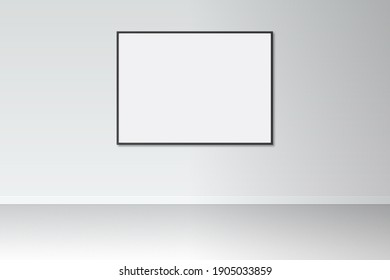 3D Illustration. Photo Frame Mock-up. Thin Black Picture Frame On Light Gray Wall.  