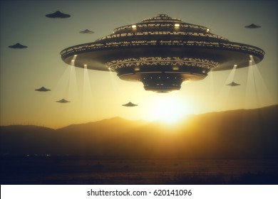 3D illustration with photography. Alien invasion of spaceships.