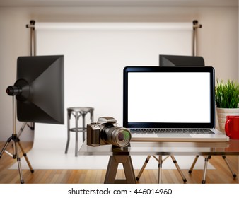 3D Illustration Photography Studio With Blank Laptop Screen. Mockup
