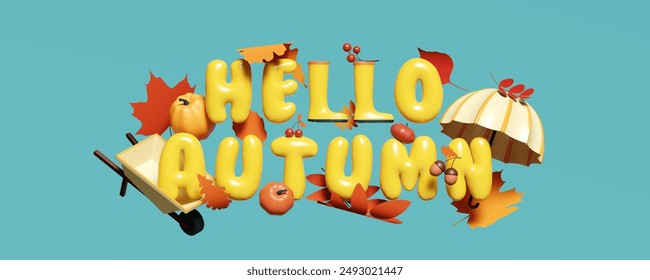 3D illustration with phrase Hello Autumn made of inflatable letters. Fall scene with garden cart, umbrella, rain boots, pumpkins and fallen leaves. Creative seasonal background for postcard, poster. - Powered by Shutterstock