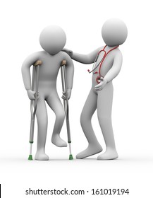 3d illustration of physical therapist with stethoscope helps a man on crutches.  3d rendering of human people character.