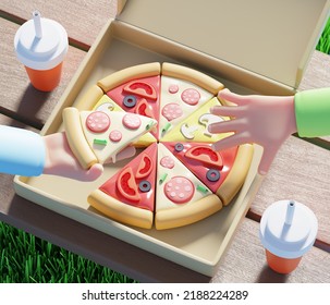 3D illustration of a picnic with pizza and drinks. 3D rendering pizza in a box on a wooden table, a hand holds a piece of pizza and the other hand reaches for another piece. - Powered by Shutterstock