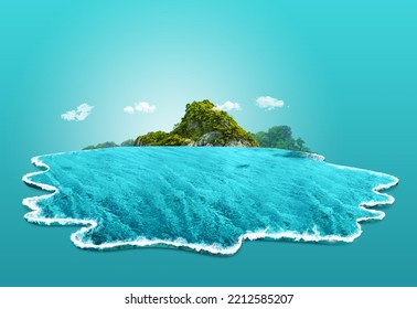 3d illustration piece aquarium ocean and landscape  island paradise isolated  travel   tourism ads  Travel   vacation background  beautiful Surfing waves and underwater scene isolated 