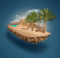3d Illustration Of Piece Of Desert Isolated, Creative Travel And Tourism Off-road Design With Palm Trees. Unusual Illustration
