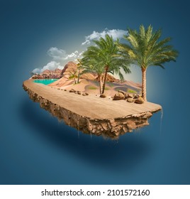 3d illustration of piece of desert isolated, creative travel and tourism off-road design with palm trees. unusual illustration