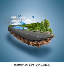 3d illustration of piece of green highway road isolated, creative travel and tourism off-road design trees. unusual illustration
