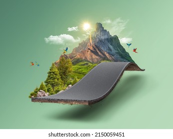 3d illustration of piece of green land isolated, creative travel and tourism off-road design trees. unusual illustration