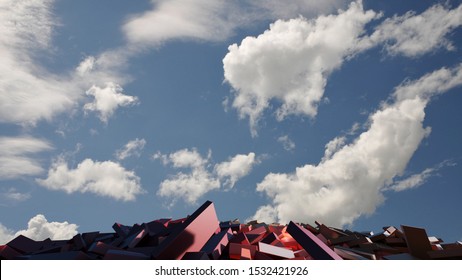 3D Illustration Of Pile Of Many Blocks After Falling Down With A Blue Sky And Some Clouds