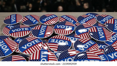 3d Illustration Of A Pile Of Pins For The United States Presidential Election On A Wooden Table With A View Of People Gathering For Democracy