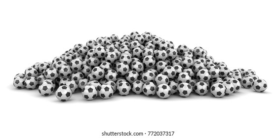 3d Illustration. Pile Of Soccer Footballs. Image With Clipping Path