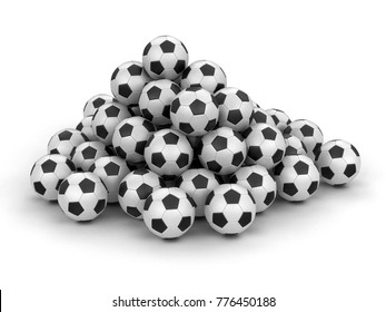 3d Illustration. Pile Of Soccer Footballs. Image With Clipping Path