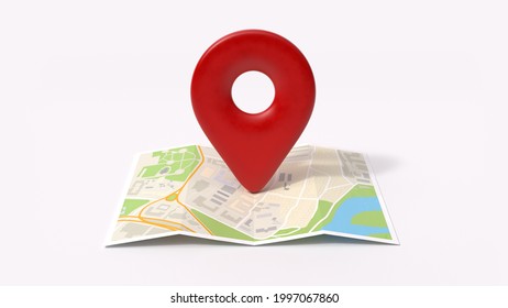  3d Illustration. Pin Location Icon On The Paper Map. Front View.