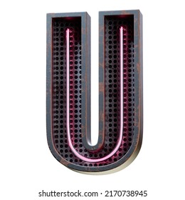 3D illustration of Pink Neon light alphabet character Capital letter U. Neon tube Capital letter Pink glow effect in Black rusty metal box.3d rendering isolated on white background.
