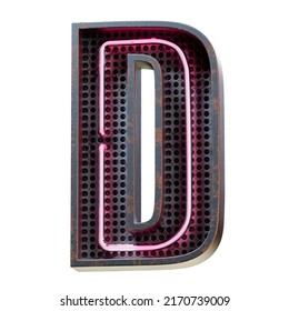 3D illustration of Pink Neon light alphabet character Capital letter D. Neon tube Capital letter Pink glow effect in Black rusty metal box.3d rendering isolated on white background.
