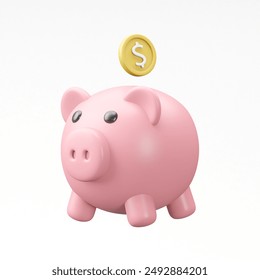 3D illustration of pink piggy bank icon with dollar gold coins isolated on white background. - Powered by Shutterstock