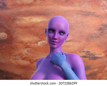 3d Illustration Of A Pink Skinned Bald Female Alien With Opaque Eyes In Front Of A Dry Barren Planet.