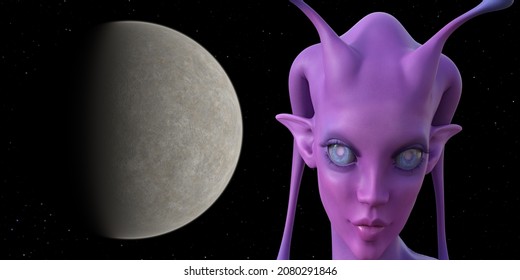 3d Illustration Of A Pink Skinned Female Alien With Opaque Eyes Against A Sky With An Exoplanet And Stars.