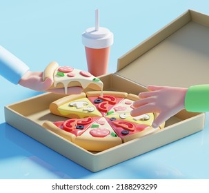 3D illustration pizza and drinks. 3D rendering pizza in a box on a wooden table, a hand holds a piece of pizza and the other hand reaches for another piece. - Powered by Shutterstock