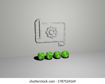 3D illustration of plan graphics and text made by metallic dice letters for the related meanings of the concept and presentations. business and background