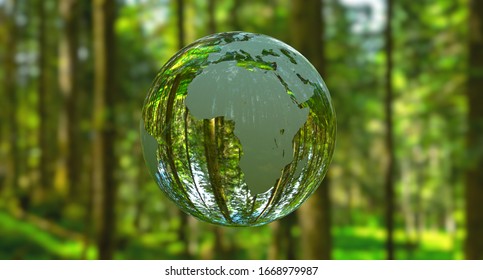 3D illustration - Planet Earth shaped like a crystal ball in a green forest
