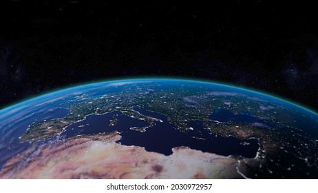 3D Illustration Of Planet Earth From The Space And Blue Shinny Atmosphere Rim In World Science And Global Concept