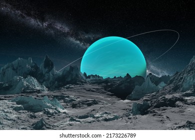 3D Illustration Of Planet Uranus From Frozen Satellite