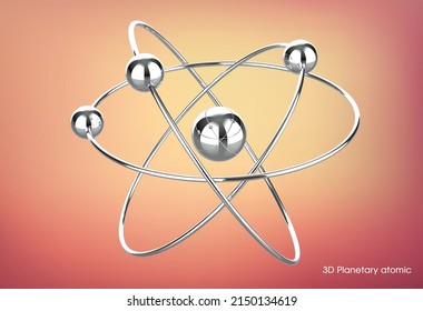 3d Illustration Of Planetary Atom. Planetary Model Of Atom With Nucleus And Electrons Spinning On Orbits. The Planetary Atomic Model