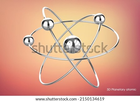 3d illustration of planetary atom. Planetary model of atom with nucleus and electrons spinning on orbits. The Planetary Atomic Model
