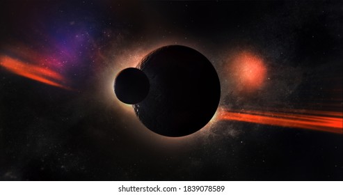 3D Illustration Of Planets In Deep Space. Space Collision Of Two Planets, Dark Science Fiction Background